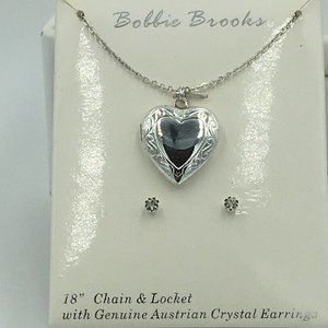 Bobbie Brooks HEART LOCKET on 18” Silver Tone CHAIN Austrian CRYSTAL EARRINGS